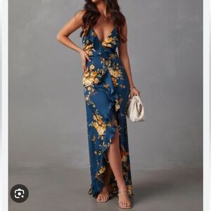 VICI Teal Blue Floral Maxi Dress with Yellow Roses